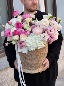 Композиция в корзине с ранункулюсами, гортензиями и эустомой