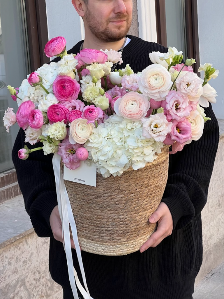 Композиция в корзине с ранункулюсами, гортензиями и эустомой