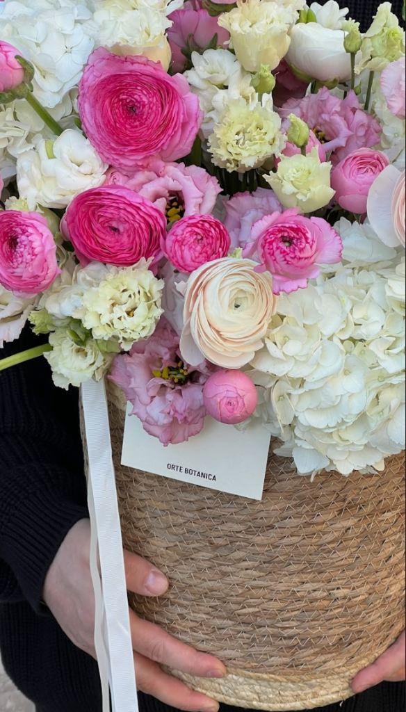 Композиция в корзине с ранункулюсами, гортензиями и эустомой