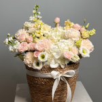 Нежная композиция с гортензиями, эустомой в корзине