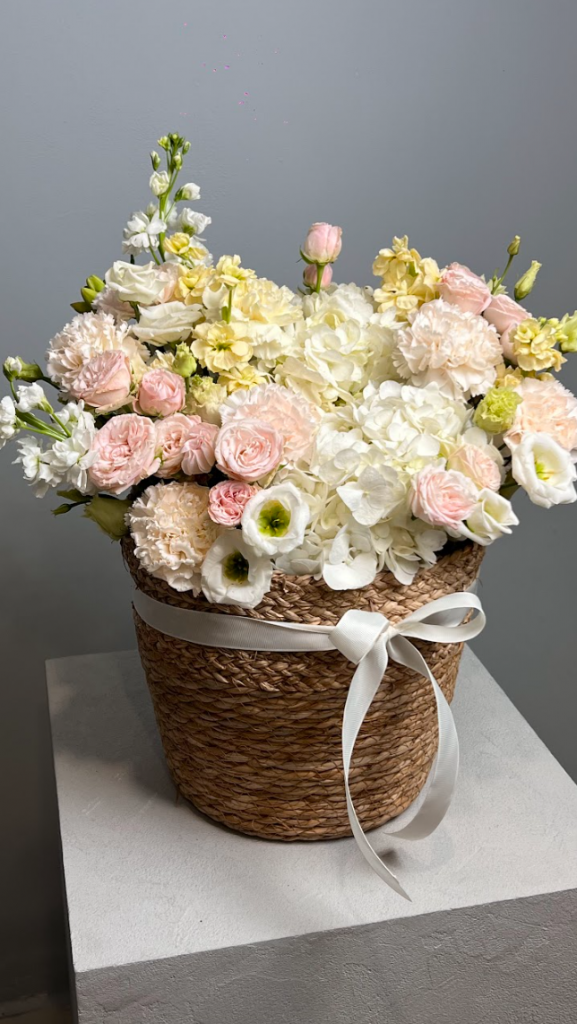 Нежная композиция с гортензиями, эустомой в корзине
